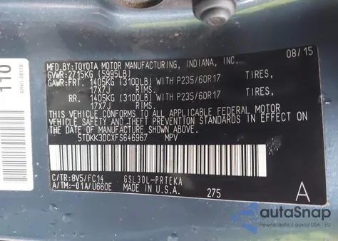 2015 Toyota Sienna Le 8 Passenger from USA, damaged, VIN 5TDKK3DCXFS646967